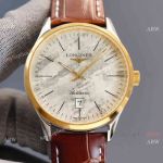 Replica Longines Elegant Rose Gold Bezel 8215 Movement White Dial Brown Leather Strap Watch